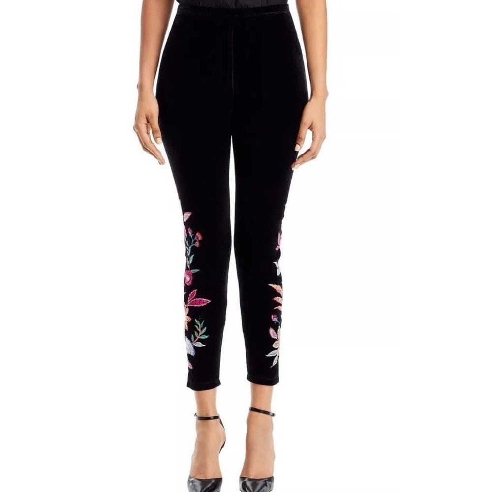 Johnny Was Sandra Embroidery Boho Stretch Velvet Leggings Black M Bohemian Boho